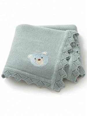 1pc Baby Knitted Blanket, Cute Bear Embroidery Romantic Wavy Edge, Comfortable & Minimalist, Suitable For Stroller, All Seasons Baby Blue / one-size