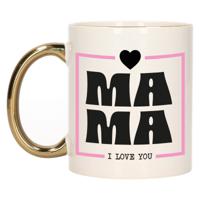 Cadeau koffie/thee mok voor mama - wit/roze - ik hou van jou - gouden oor - Moederdag