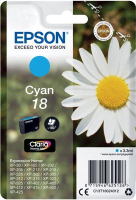 Epson inktcartridge 18, 180 pagina&apos;s, OEM C13T18024012, cyaan