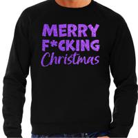 Foute Kersttrui/sweater voor heren - Merry F*cking Christmas - zwart - glitter paars - thumbnail