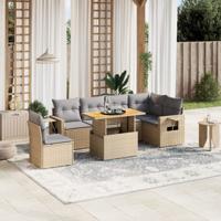 7-delige Loungeset met kussens poly rattan beige