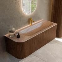 Badmeubel Mondiaz Kurve-Dlux | 125 cm | Meubelkleur Walnut | Wastafelkleur Saba | Solid surface | Wasbak rechter zijde spoelbak | 1 kraangat