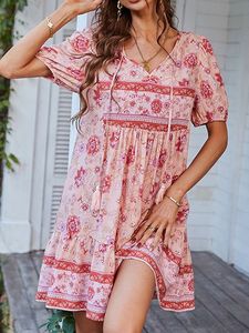 Loose V Neck Casual Floral Dress With No