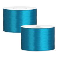 Partydeco Cadeaulint - 2x - turqoise - 5 cm x 25 meter - satijn - sierlint - inpakken - decoratie