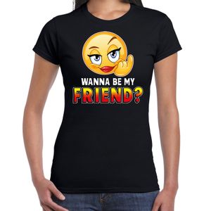 Funny emoticon t-shirt Wanna be my friend zwart dames