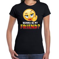 Funny emoticon t-shirt Wanna be my friend zwart dames - thumbnail