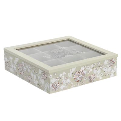 Theedoos - 9-vaks - groen - hout - 24 x 24 x 7 cm - doorzichtig