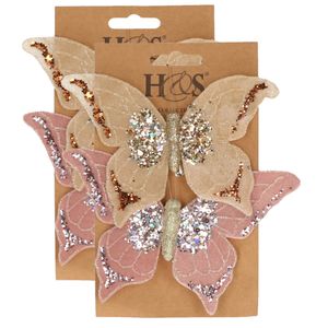 4x stuks kunststof decoratie vlinders op clip roze en beige 10 x 15 cm