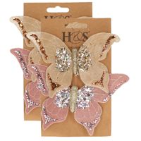 4x stuks kunststof decoratie vlinders op clip roze en beige 10 x 15 cm - thumbnail