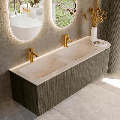 Badmeubel Mondiaz Kurve-Dlux | 145 cm | Meubelkleur Shadow | Wastafelkleur Meli | Solid surface | Dubbel / Links spoelbak | 2 kraangaten