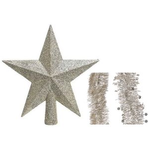 Kerstversiering kunststof glitter ster piek 19 cm en folieslingers pakket champagne van 3x stuks