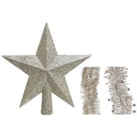 Kerstversiering kunststof glitter ster piek 19 cm en folieslingers pakket champagne van 3x stuks - thumbnail