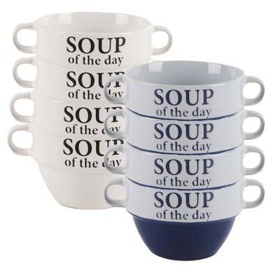 Bellatio Design Soepkommen - 8x - Soup of the day - keramiek - D12 x H8 cm - blauw / wit Bellatio Design Soepkommen - 8x - Soup of the day - keramiek - D12 x H8 cm - blauw / wit