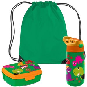 Crazy Dino lunchbox set voor kinderen - 3-delig - groen - kunststof - incl. gymtas/schooltas