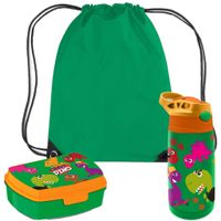 Crazy Dino lunchbox set voor kinderen - 3-delig - groen - kunststof - incl. gymtas/schooltas - thumbnail