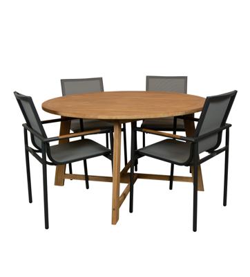 Alexander teak tuintafel 130 rond met Tulsi stapelbare tuinstoel