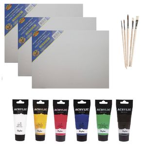 Schilders verf set van 6x tubes acrylverf/hobbyverf 75 ml + 3x doek + 5x kwasten - schildersets