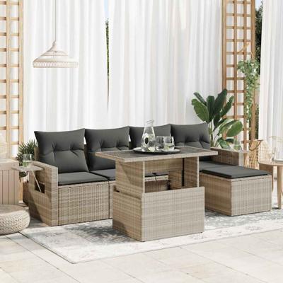 6-delige Loungeset met kussens poly rattan lichtgrijs