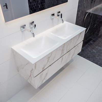 Mondiaz Vica Cloud badmeubel wit carrara mat 120 cm 4 lades solid surface dubbele spoelbak zonder kraangat