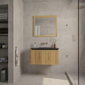 Adema Holz Badkamermeubelset - 80cm - 1 keramische wasbak zwart - zonder kraangat - 1 lade - spiegel - eiken SW773952/SW773931/SW773967