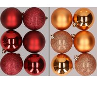 12x stuks kunststof kerstballen mix van donkerrood en koper 8 cm - thumbnail