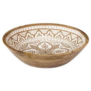 Salade serveer schaal - Fruitschaal/fruitmand - mango hout - D33 x H8 cm - bruin/print