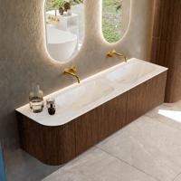 Badmeubel Mondiaz Kurve-Dlux | 165 cm | Meubelkleur Walnut | Wastafelkleur Ostra | Solid surface | Dubbele spoelbak | Zonder kraangat(en)