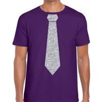 Carnaval verkleed t-shirt - met zilveren glitter stropdas - paars - voor heren - disco - glamour