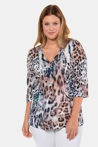 Ulla Popken shirt, slinky, V-hals, luipaarddessin, zijsplitten - Grote Maten