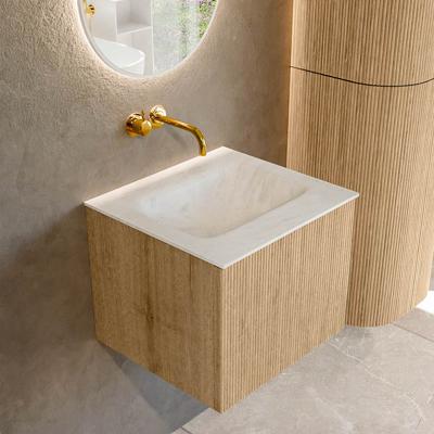 Mondiaz KURVE-DLUX 50 cm Onderkast Greeploos 1 Lade Zonder Deuren Oak, Wastafel Solid Surface Midden Opalo 0 Kraangaten Zonder Spiegel (KRVGRU501L0D0KM-Oak/Opa)