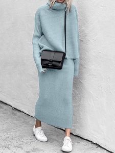 High Neck Knit Loose Sweater & High Waist Skirt Sets
