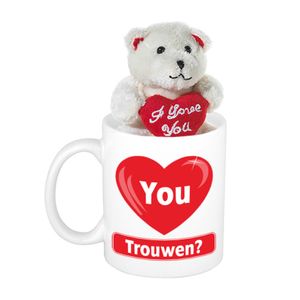 Huwelijksaanzoek cadeau Love You - Trouwen beker / mok met beige knuffelbeertje met love hartje