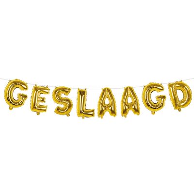 Feest folie ballonenslinger set met tekst GESLAAGD 400 cm