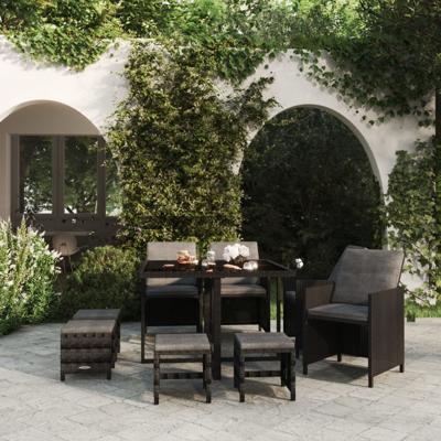 9-delige Tuinset met kussens poly rattan zwart