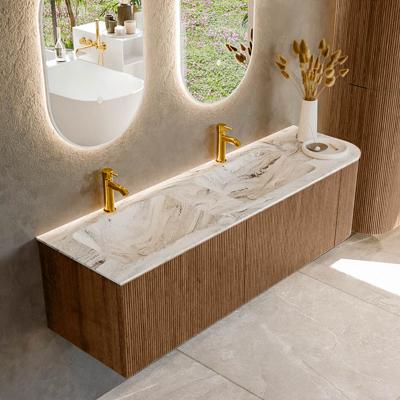 Mondiaz KURVE-DLUX 155 cm Onderkast Greeploos 2 Lades Met Deuren Walnut, Wastafel Solid Surface Links Glace 2 Kraangaten Zonder Spiegel (KRVLEA155R2L1D2KD-Wal/Gla)