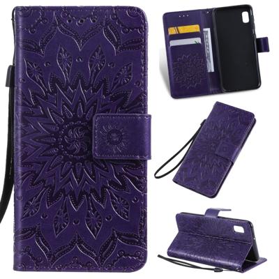 Gedrukt afdrukken zonnebloem patroon horizontale Flip PU lederen case voor Galaxy A10e met houder & kaartsleuven & portemonnee & Lanyard (paars)