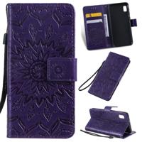 Gedrukt afdrukken zonnebloem patroon horizontale Flip PU lederen case voor Galaxy A10e met houder & kaartsleuven & portemonnee & Lanyard (paars)