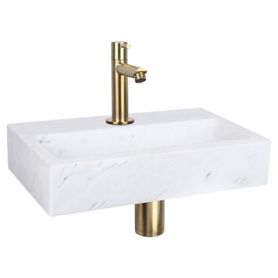 Fonteinset Differnz Flat Marmer 38x24x8 cm Wit Met Rechte Kraan Mat Goud Differnz