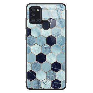 Samsung Galaxy A21s glazen hardcase - Blue cubes