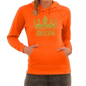 Oranje Queen gouden glitter kroon hoodie dames - Koningsdag XL  -