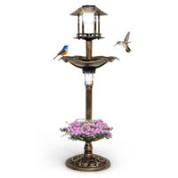 Vogelvoederhuisje met Solar Licht Bloempot Vogelvoederhuisje Retro Vogelvoederhuisje met Vulbare Standaard Vogelbad Tuin Ø43x110cm (Brons)