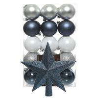 Kerstballen 30x st - 6 cm - met ster piek - blauw/wit/zilver -kunststof - thumbnail