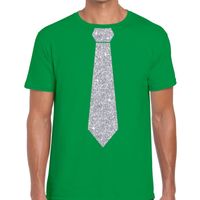 Groen fun t-shirt met stropdas in glitter zilver heren