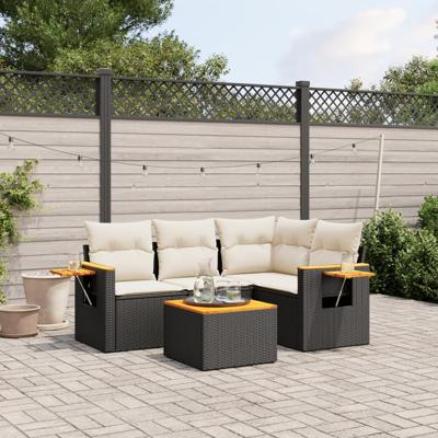 5-delige Loungeset met kussens poly rattan zwart