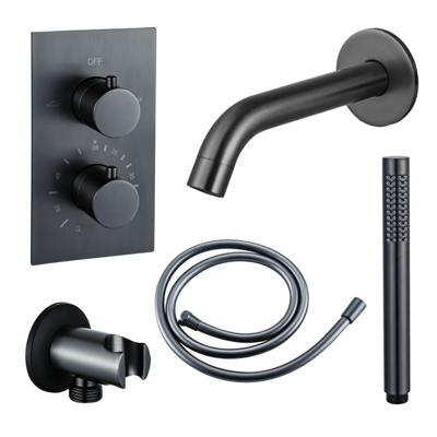 Fortifura Calvi Badkraan set - uitloop - 22cm inkortbaar - gladde slang - staafhanddouche - inbouwdeel - wandhouder - geborsteld gunmetal PVD SW766536/SW721165/SW721170/SW1122514/SW766537