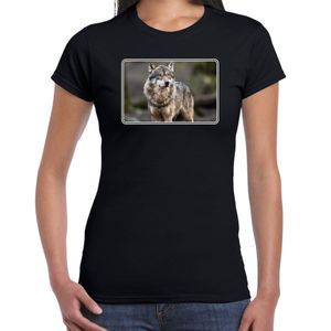 Dieren t-shirt met wolven foto zwart voor dames