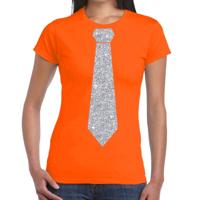 Carnaval verkleed t-shirt - met stropdas - oranje - zilver glitters - dames - fun t-shirt
