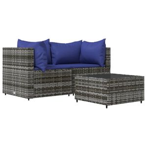 vidaXL 3-delige Loungeset met kussens poly rattan grijs