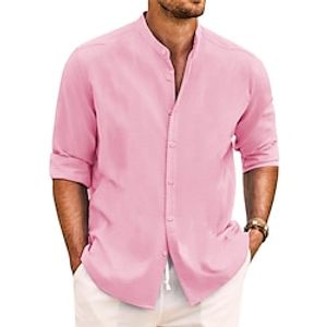 Voor heren Overhemd Overhemd met bandkraag Zomer overhemd Strand Kleding Overhemd met knopen Normaal shirt Zwart Wit Blozend Roze Marineblauw Lange mouw Effen Band Kraag Lente zomer Casual Dagelijks Lightinthebox