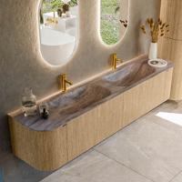 Badmeubel Mondiaz Kurve-Dlux | 200 cm | Meubelkleur Oak | Wastafelkleur Oza | Solid surface | Wasbak beide zijden spoelbak | 2 kraangaten